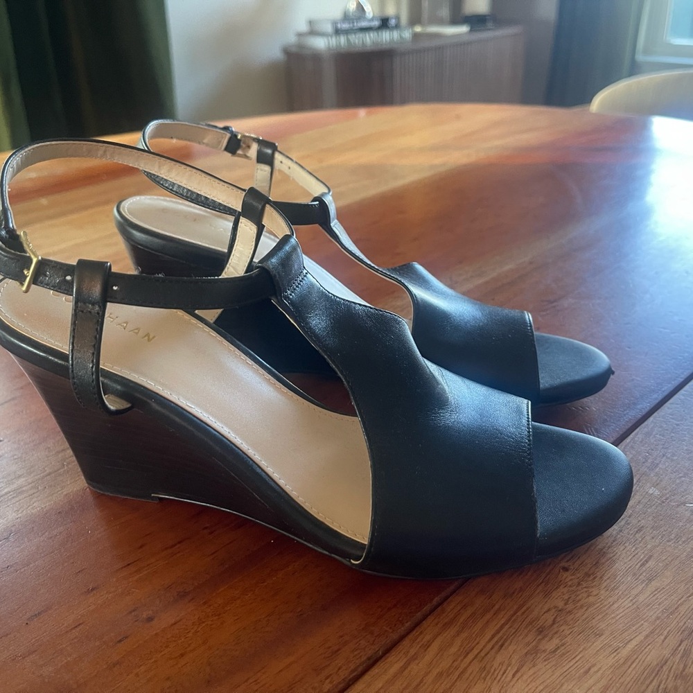 Cole Haan Black Leather Wedge Sandals